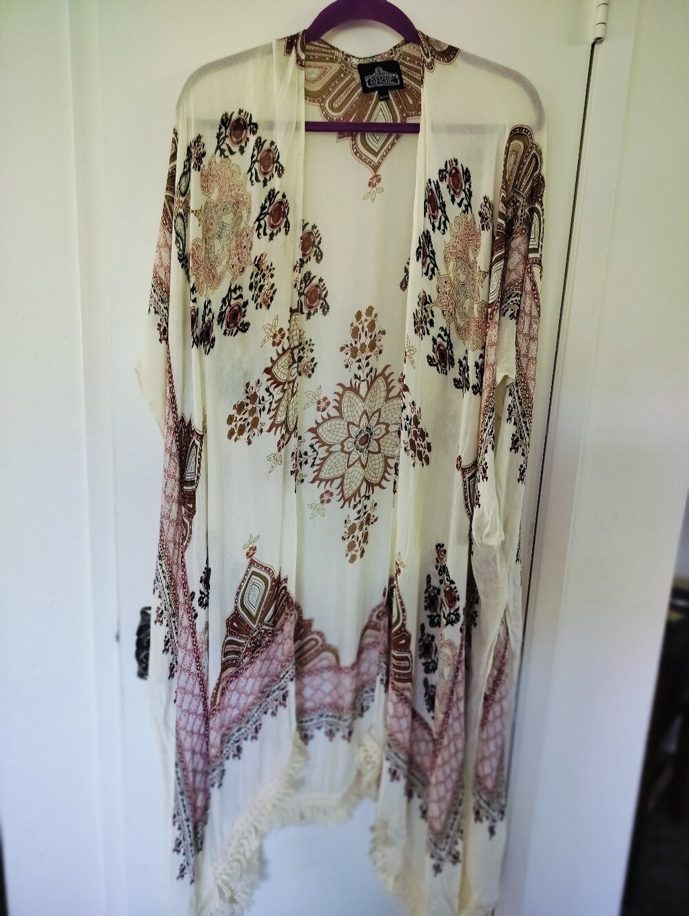 ANGIE Bohemian Floral Kimono Duster Cream & Earth Tones, Fringe One Size Rayon